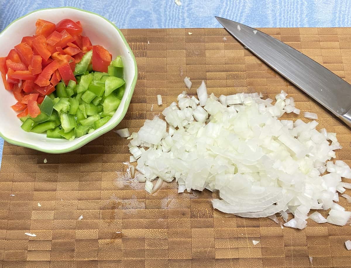 Chopping the Onion and Bell Peppers