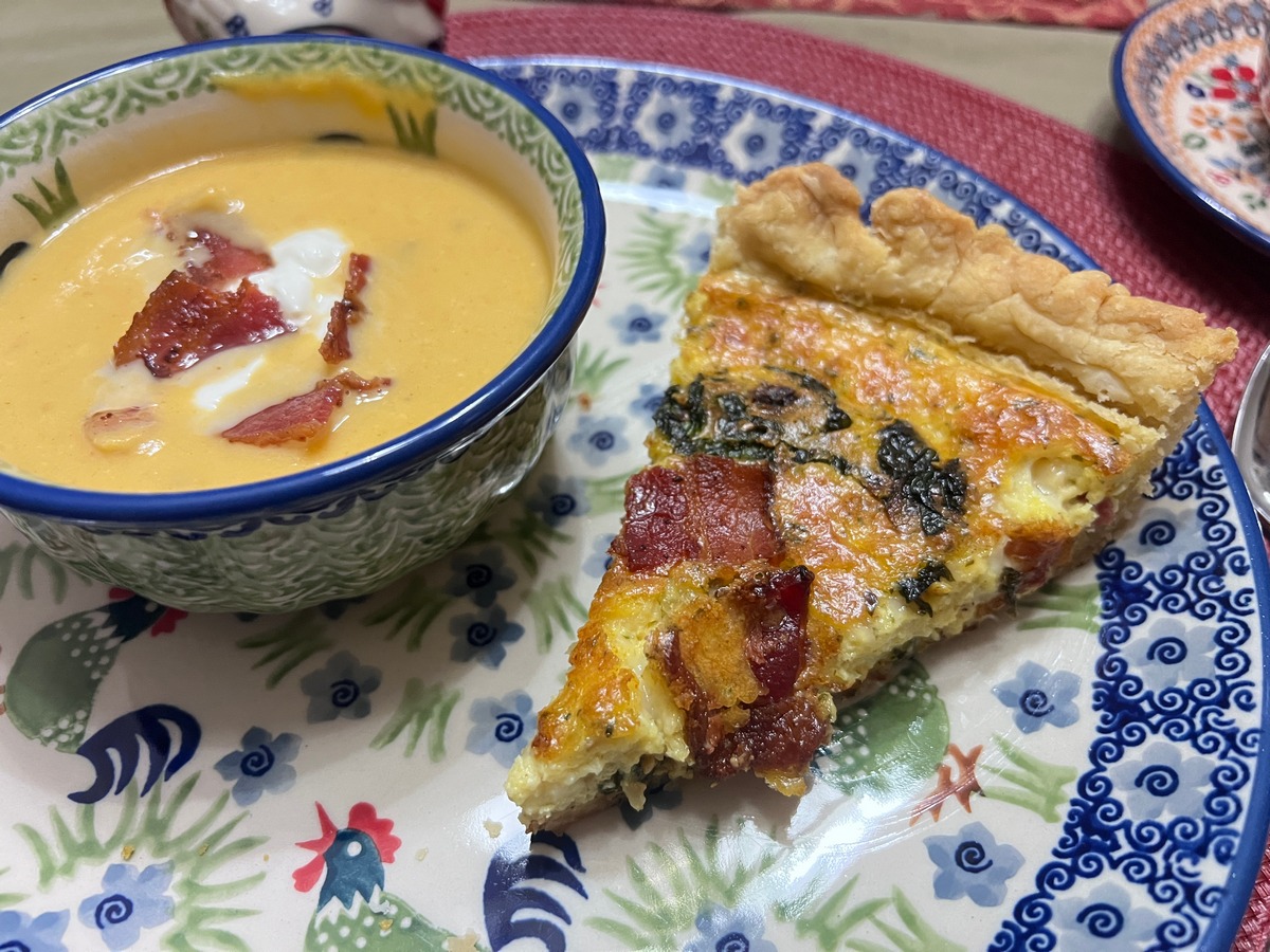 Butternut Squash Bisque served with Spinach Quiche - Polish Pottery Plates