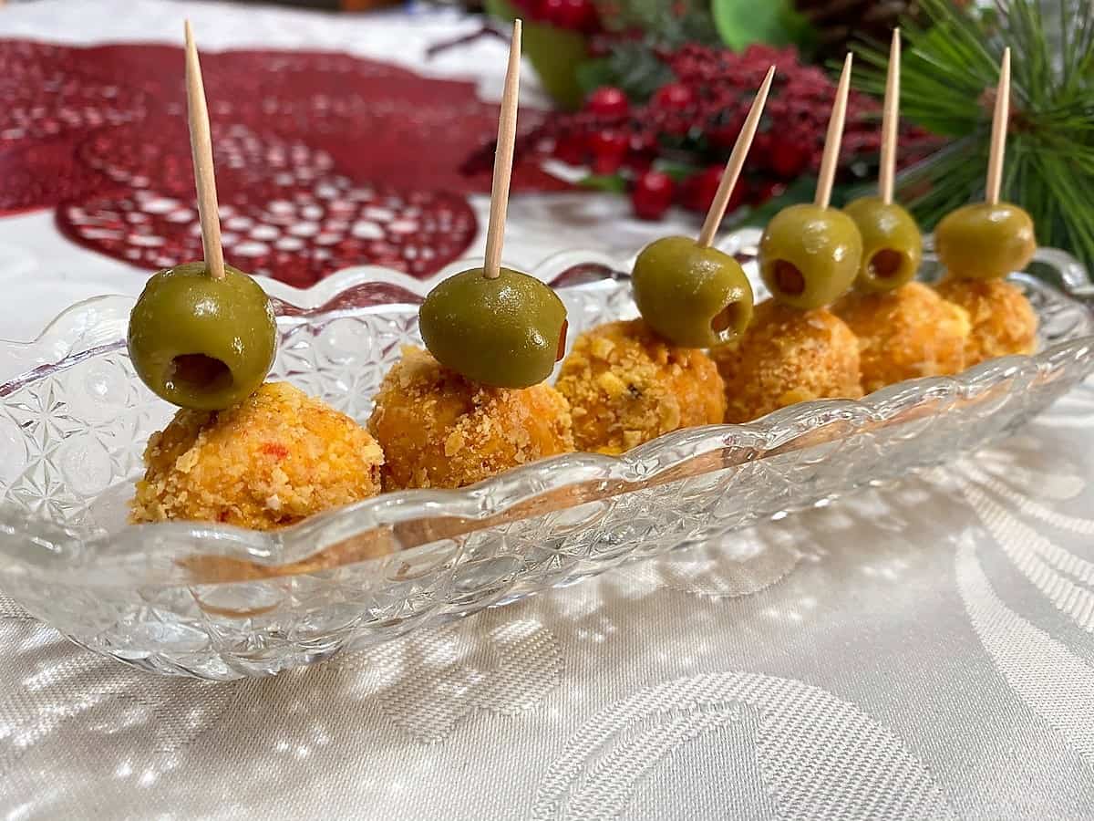 Serving Pimento Cheese Balls with Green Olives