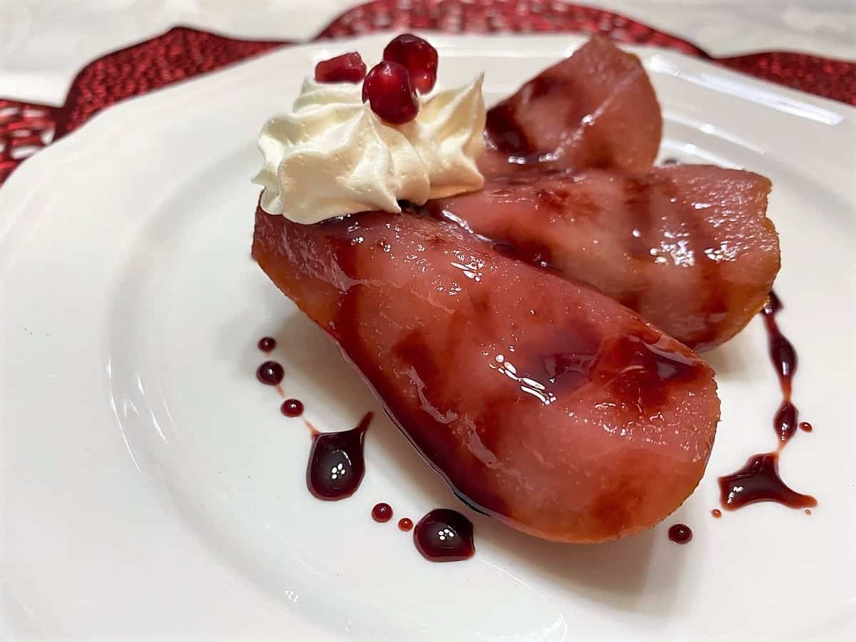 Elderberry Wine-Poached Pears with Chantilly Cream