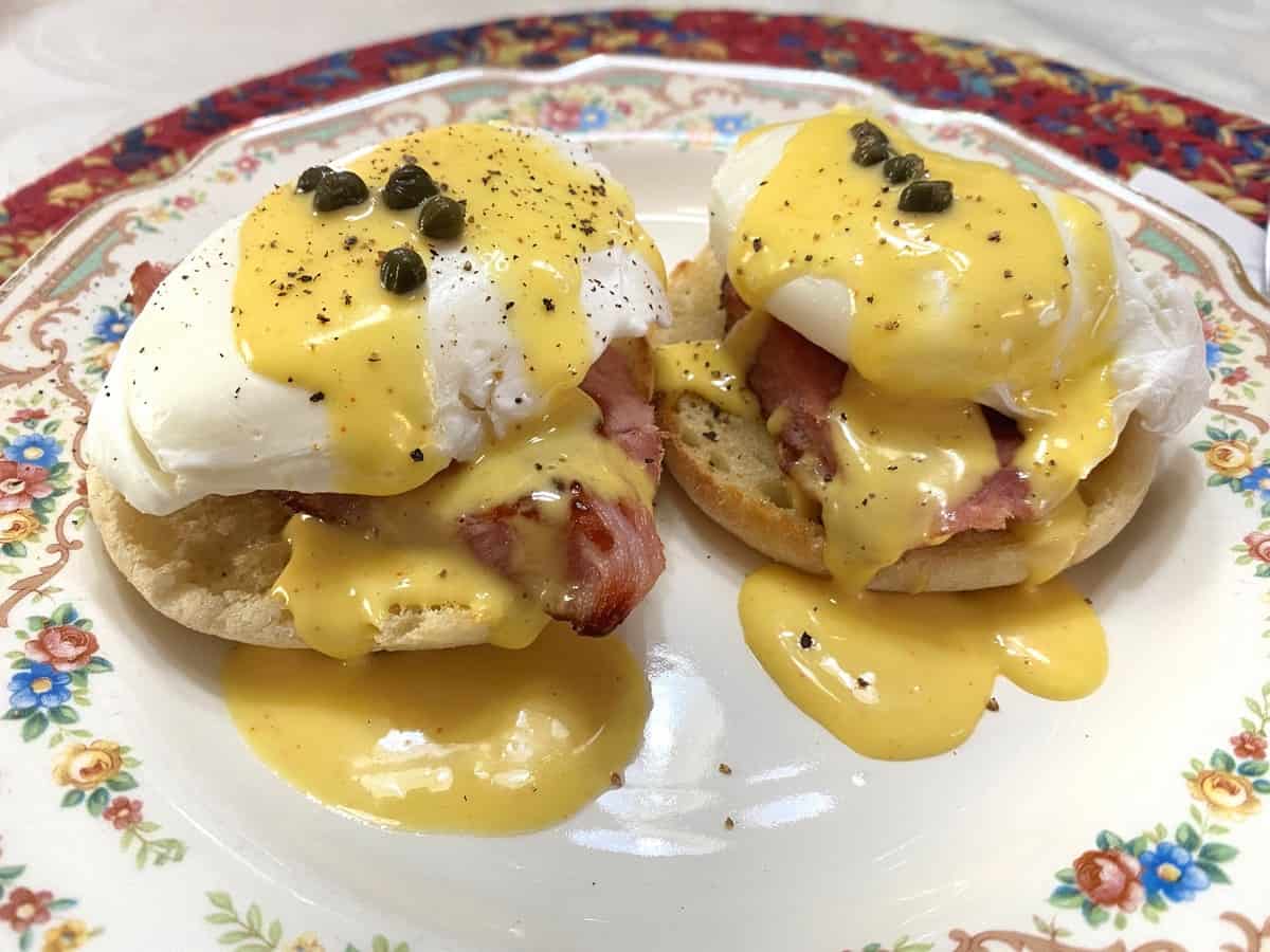 Serving Eggs Benedict with Capers on Mildred Plates, by Mt. Clemens Pottery