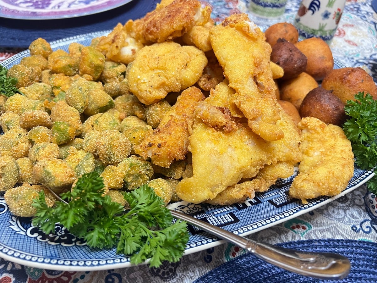 Serving Fried Catfish, fried okra, and hush puppies on Blue Willow Platter