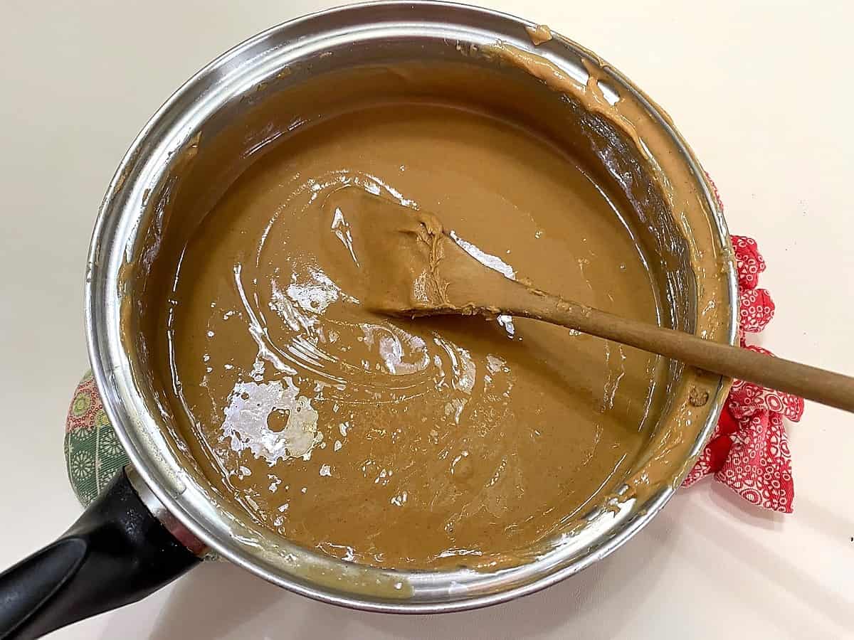 Heat and Mix Peanut Butter Mixture Until Smooth and Shiny