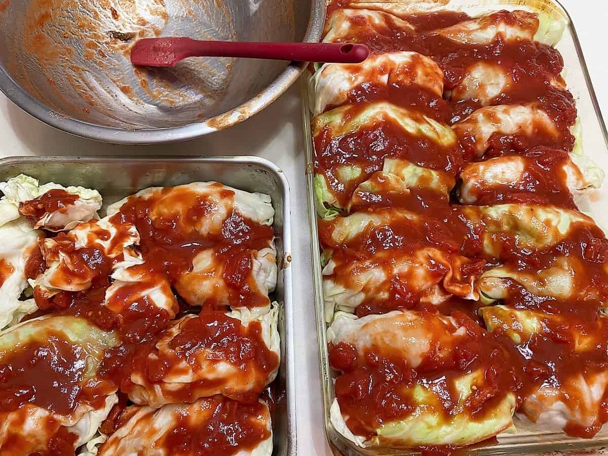 Pour Tomato Sauce over the Cabbage Rolls