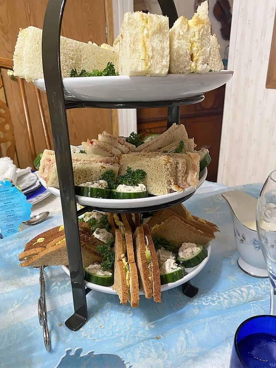 Ham Salad Sandwiches Served on 3-Tiered Tray with Egg Salad and Curried Chicken Sandwiches