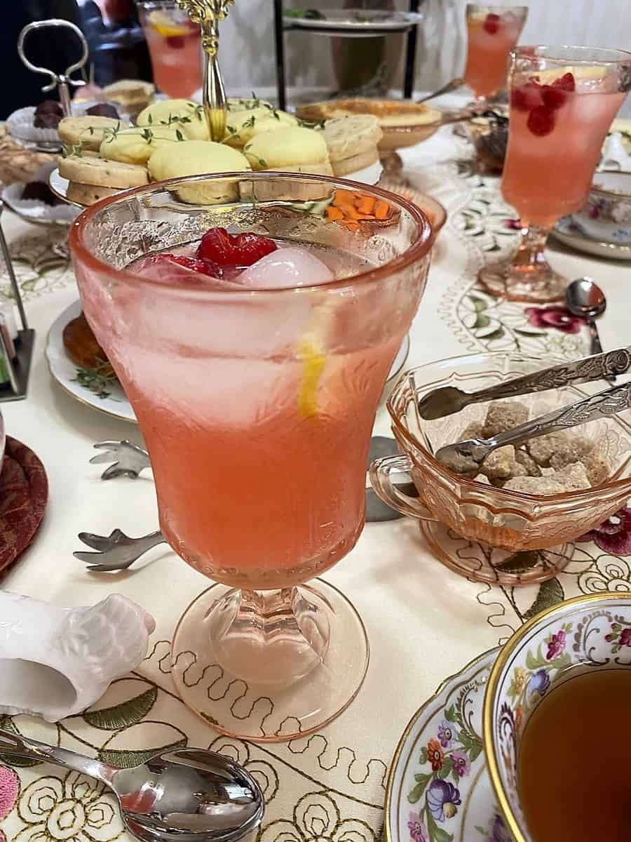 Serving Raspberry Mint Lemonade at a Tea Party - Served in Federal Madrid Pink Depression Stemmed Goblets