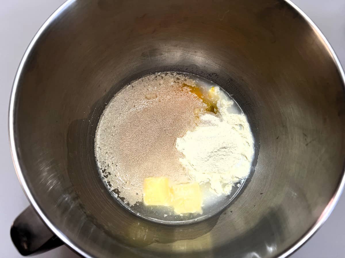 Add Water, Powdered Milk, Butter, and Eggs to the Sourdough Starter
