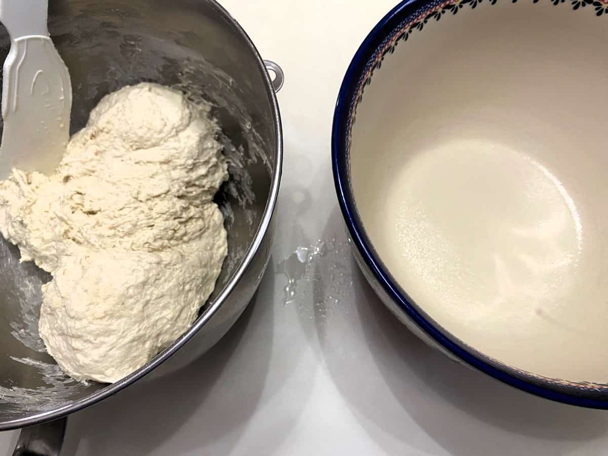 Add Flour to Sourdough Mixture and Knead with Hook until Shaggy Ball Forms