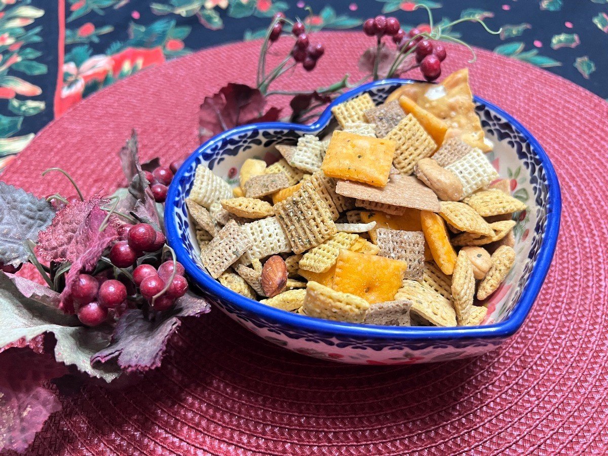 Serve Cheesy Ranch Snack Mix in a Pretty Serving Bowl - Polish Pottery Pretty Poinsettia