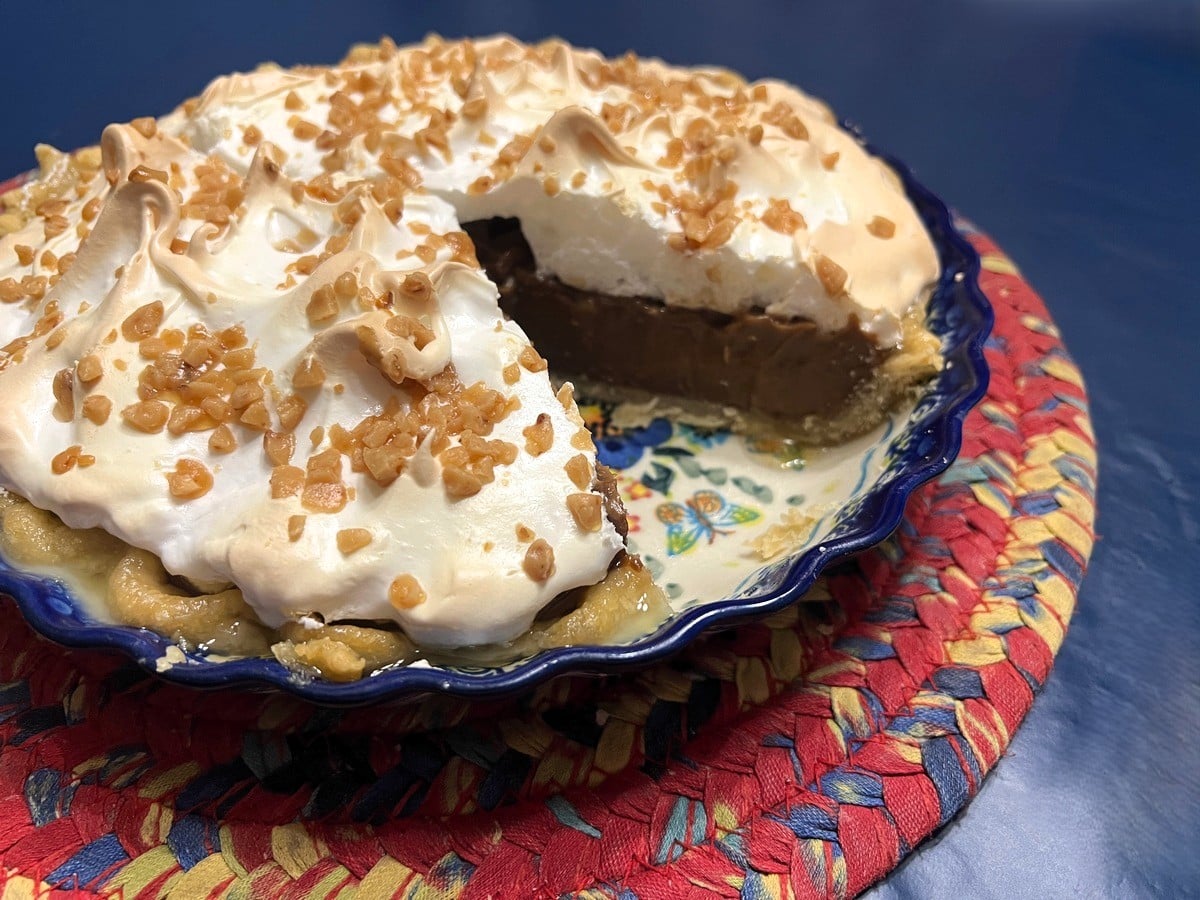 Slicing Into Chocolate Peanut Butter Meringue Pie - Polish Pottery Pie Plate