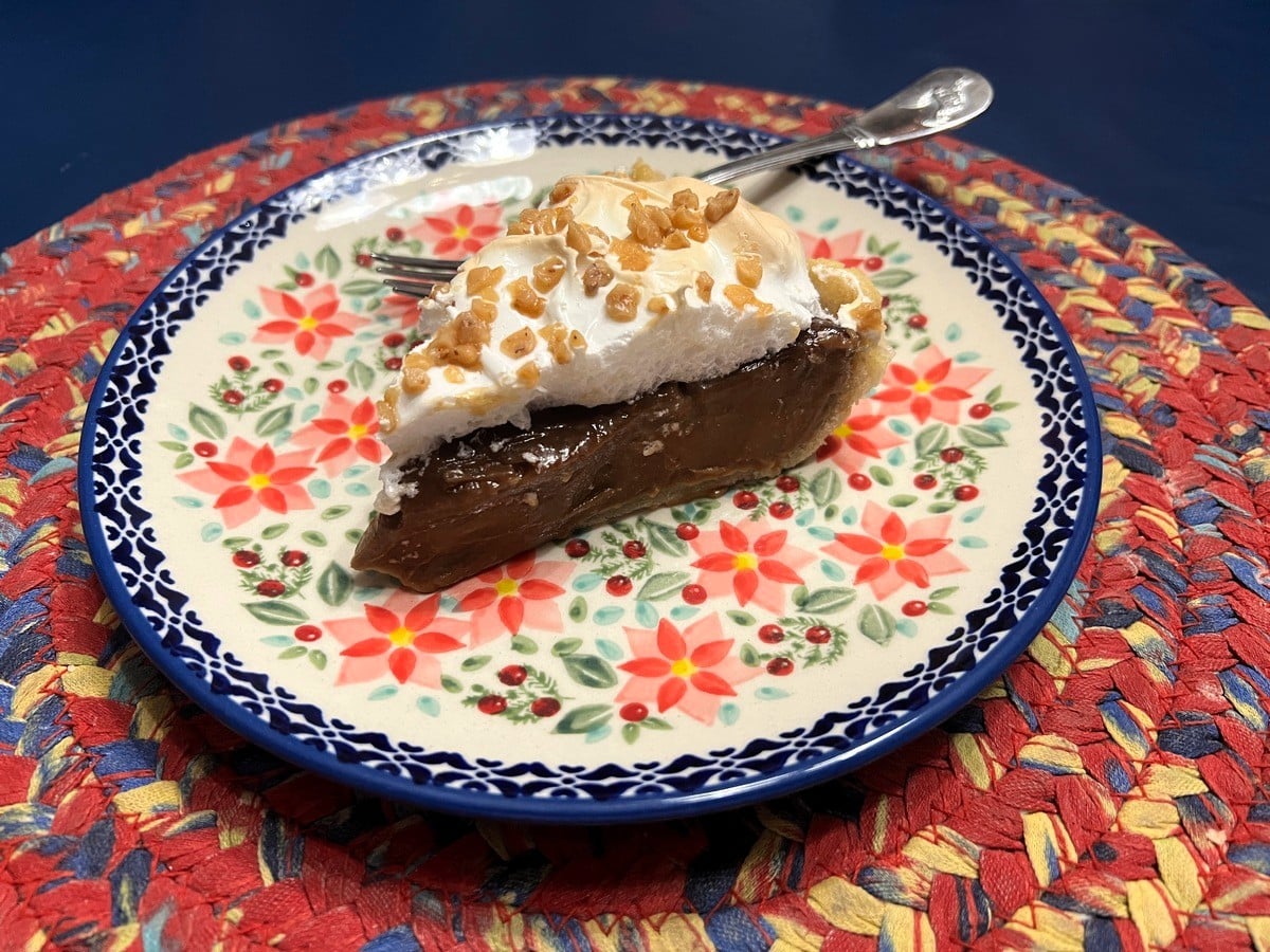 Serving Chocolate Peanut Butter Pie on Polish Pottery Dessert Plates