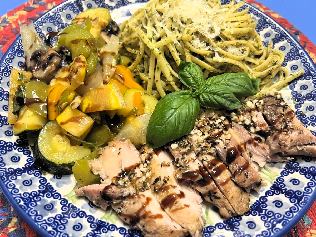 Drizzle Reduced Balsamic Glaze over the Vegetable Stir-Fry - Serve on Pretty Plates - Polish Pottery Rise and Shine Pattern