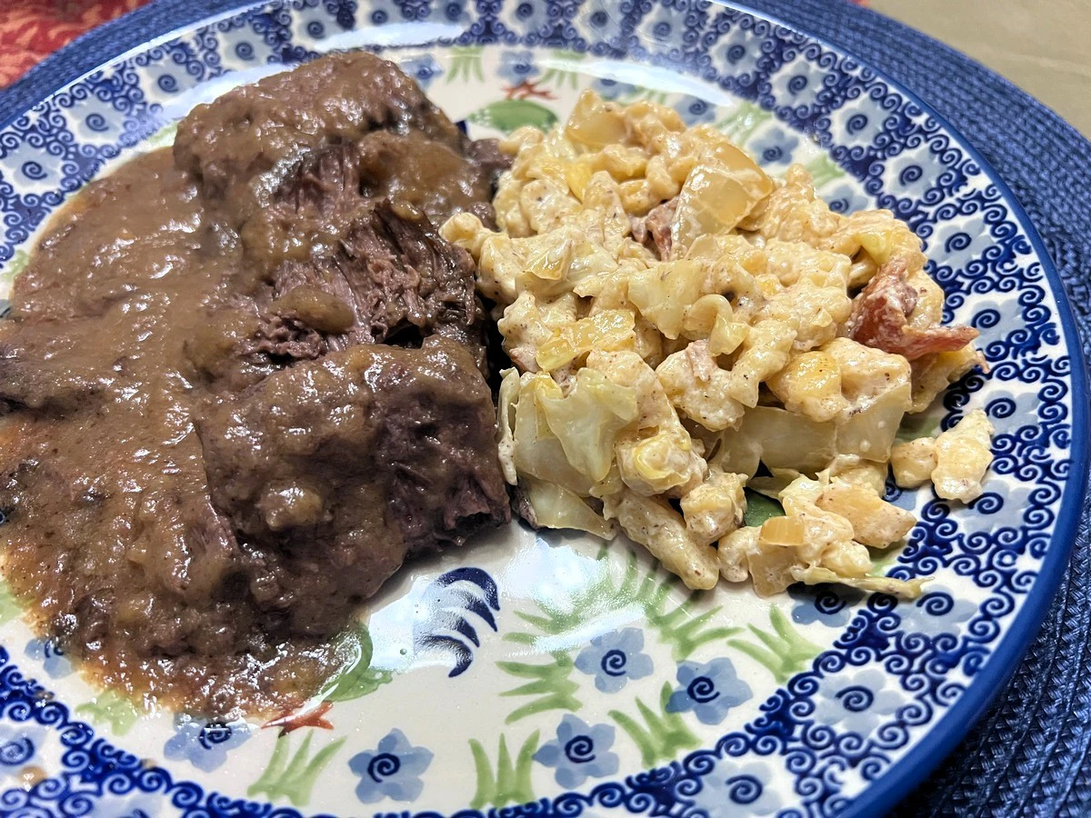 Serving Venison Sauerbraten with German Spaetzle - Polish Pottery Dishes - Rise and Shine Pattern